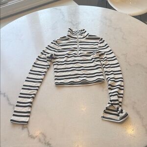 Divided Black & White Striped Ribbed Zip-Up Crop Top